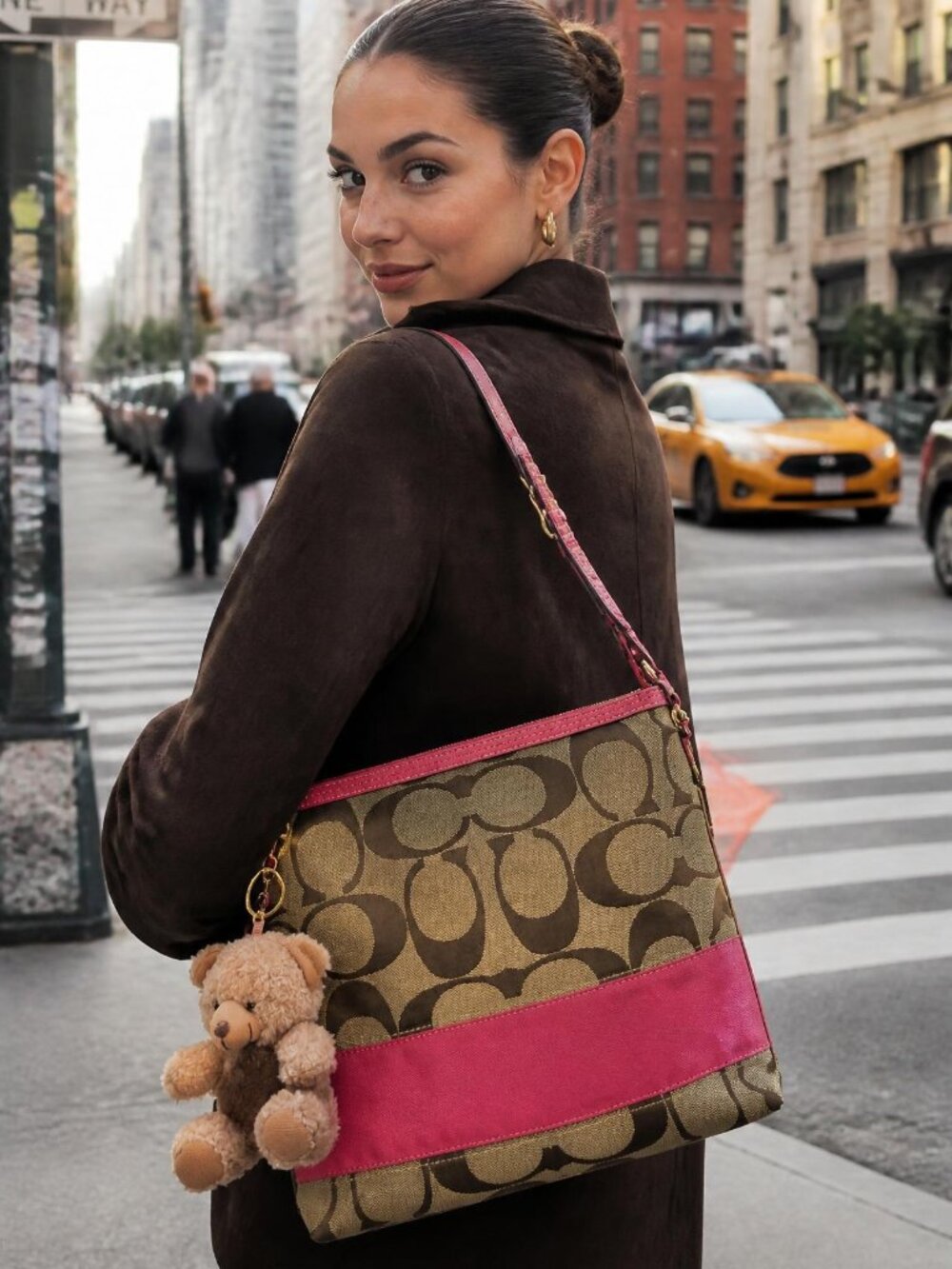 30. Coach Signature Logo Small Zip Top Shoulder/Crossbody Bag Brown/Pink